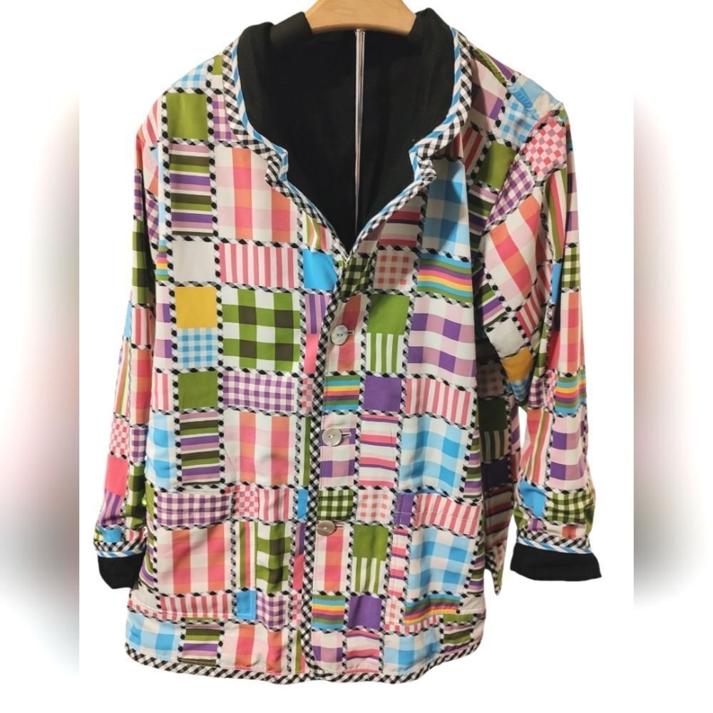 KOOS of Course Black Patchwork Vintage Reversible Wearable Art Jacket Large